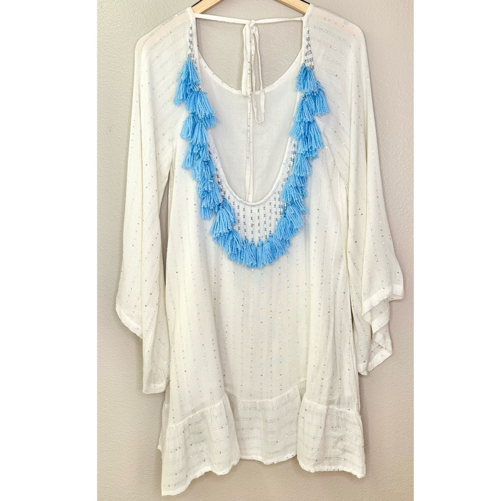 Sundress Indiana White Sequin Turquoise Beaded Tassels Swim Cover-Up Mini Dress - Picture 3 of 9
